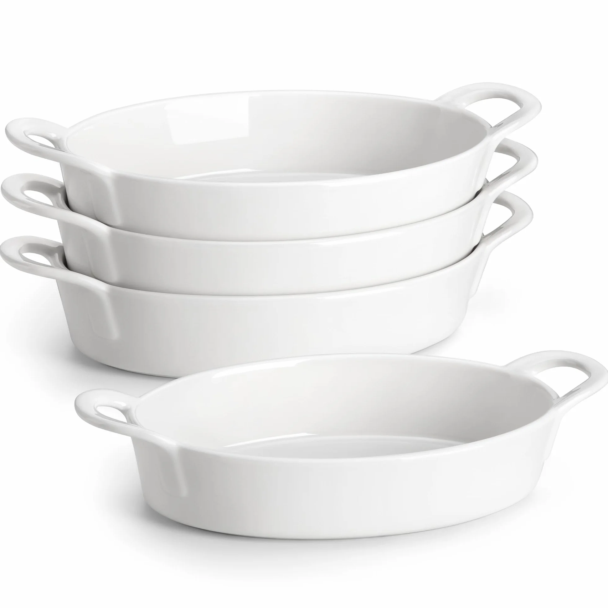 MALACASA Serie BAKE, Set di 4 Pirofile da Forno in Ceramica Ovali, 670ml Piatti da Forno in Ceramica, Cocotte Monoporzione da Forno con Manico per Dessert, Lasagne, Torta - 20,7cm (Bianca)