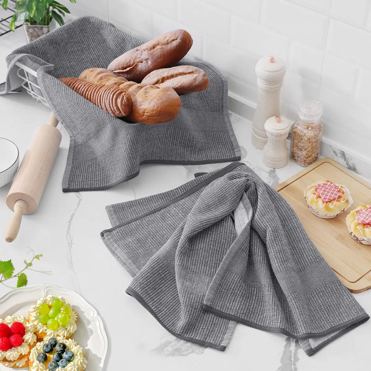 Homaxy Asciugamani da cucina di alta qualità (45,7 x 71,1 cm, confezione da 6), asciugamani da cucina grandi in cotone, piatti e in spugna, set di strofinacci altamente assorbenti da 380 g/m², con
