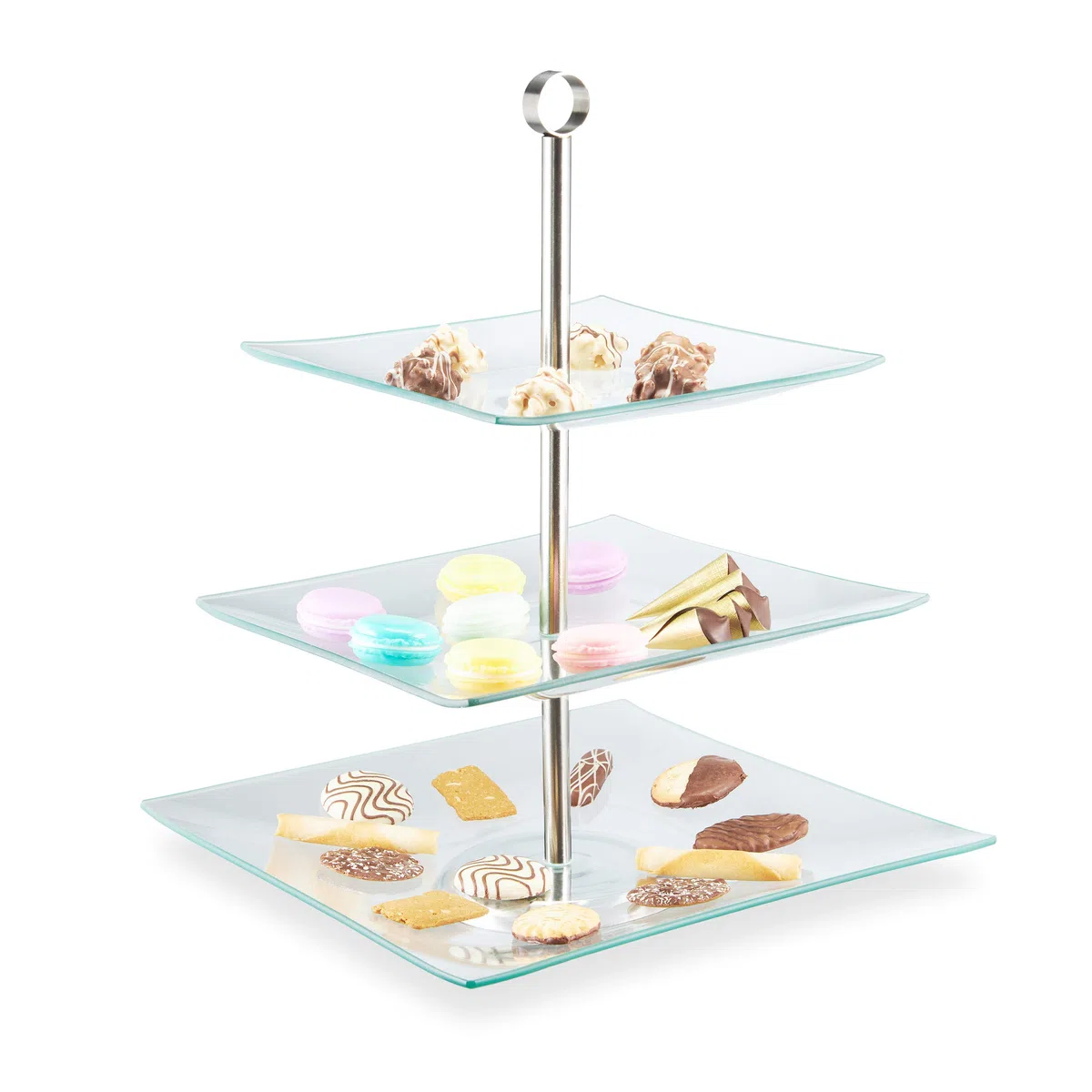 Relaxdays Alzata a 3 Piani, Vassoio Quadrato, Alzatina, Centro Tavola, Espositore, Vetro, Acciaio, Argento/Trasparente