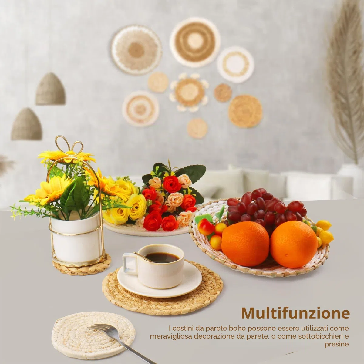 Set di 9 cestini da parete in stile bohémien, da appendere, in rattan, vimini, decorazione da parete, ecologica, rotonda, per casa, camera da letto, soggiorno, tavolo, cucina, casa