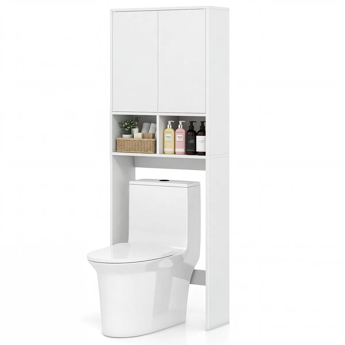 LIFEZEAL Mobile sopra Lavatrice e Asciugatrice, Armadietto Salvaspazio con 2 Ante, Ripiano Regolabile, 2 Scomparti Aperti, Mobile sopra WC, Bianco, 59 x 23 x 166 cm