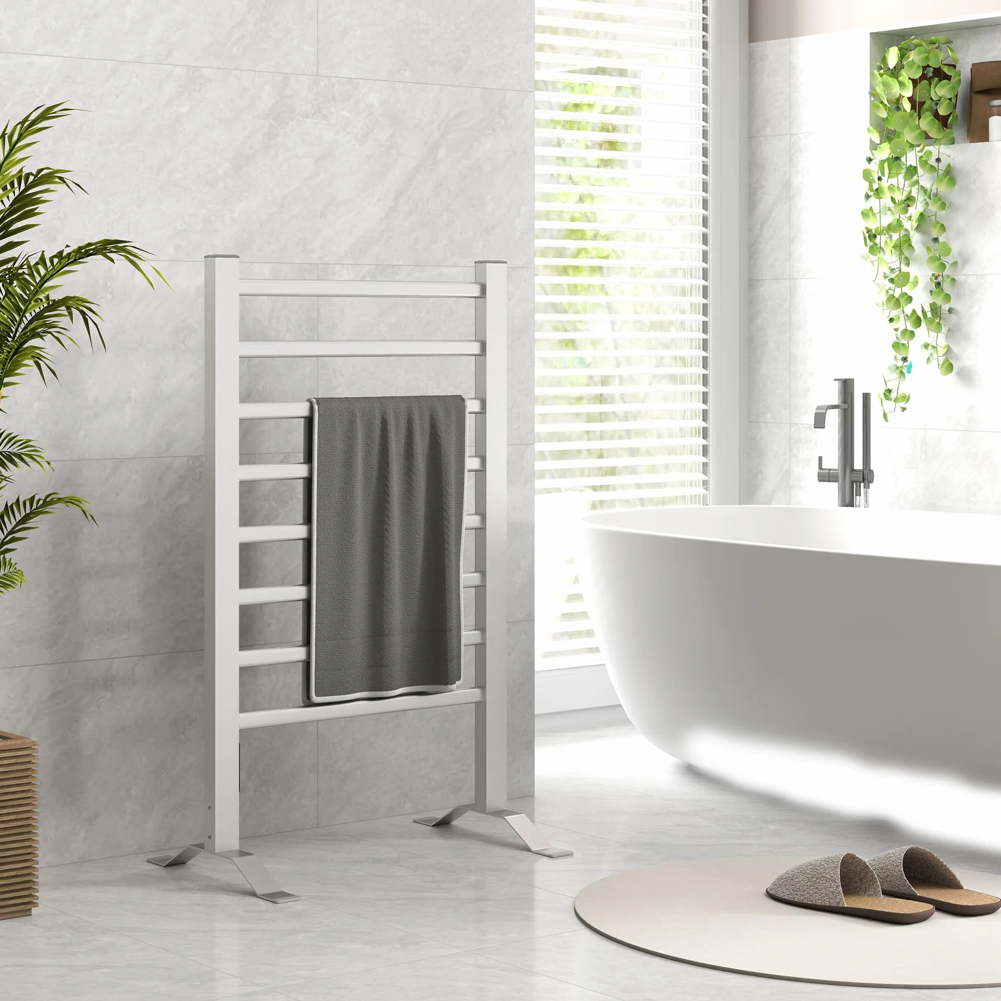 HOMCOM Calorifero Scaldasalviette da Terra o Parete 150W, Porta Asciugamani Riscaldato in Lega di Alluminio con 8 Barre e Timer da 2 o 4 Ore, Resistente all'Acqua, 53x35x90 cm, Argento