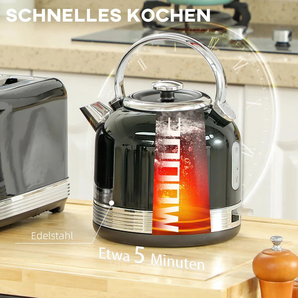 HOMCOM Set di tostapane per bollitore elettrico, 2200 W, 1,7 l, 4 fette, 7 livelli di doratura, riscaldamento e scongelamento, set per colazione con filtro per bollitore, scomparto per briciole, nero