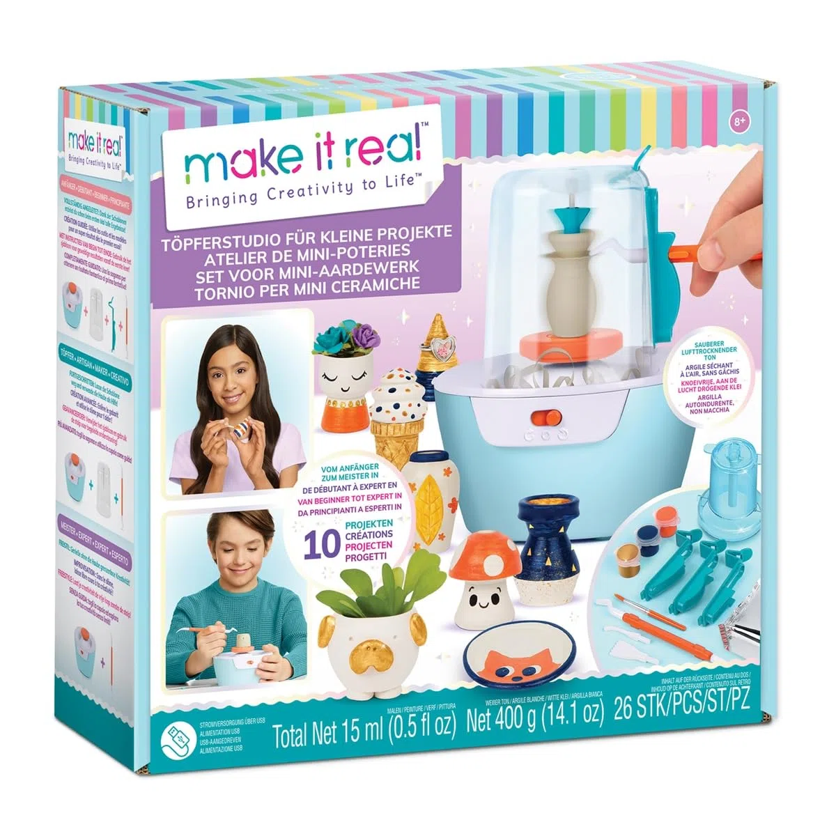 Make It Real 1465 Tornio per Mini Ceramiche – Kit Creativo con Argilla Autodurente – 3 Modalità di Lavoro da Principiante e Esperto – Per Bambini 8+