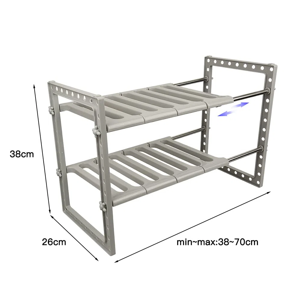 Scaffale Sottolavello Stoviglie– Stoviglie Ripiano PP rack estensibile organizzatore sotto il lavello scaffale espandibile di stoccaggio, 2 livelli, per cucina, bagno-38-70*26*38 cm (grigio)