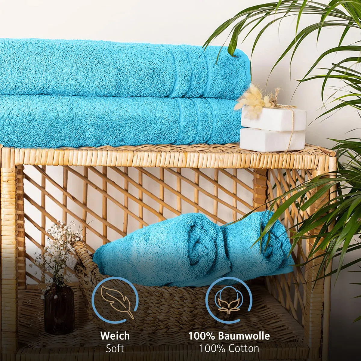 Komfortec Asciugamani 2 per Sauna 70x200 cm in 100% Cotone,470 g/m², Asciugamano Doccia Grande, Morbido, Asciugatura Rapida, Turchese