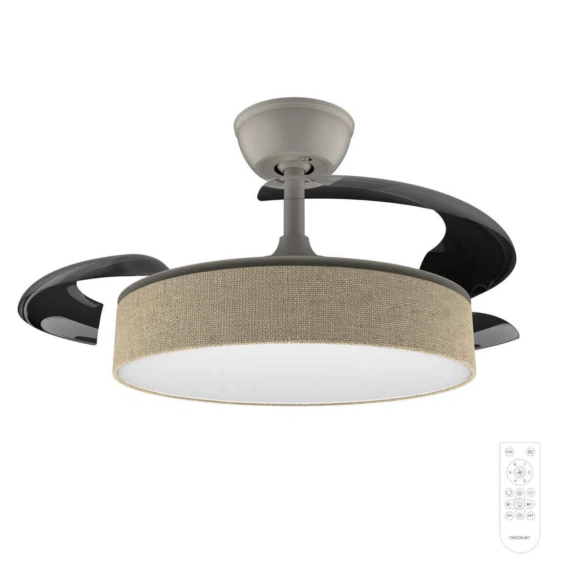 Cecotec Ventilatore da Soffitto con Luce con 3 Pale Retrattili EnergySilence Aero 3666 Invisible Textile. 30W, Motore DC, Diametro 36", 3 Toni LED, Telecomando, 6 Velocità, Timer, Design In Tessuto