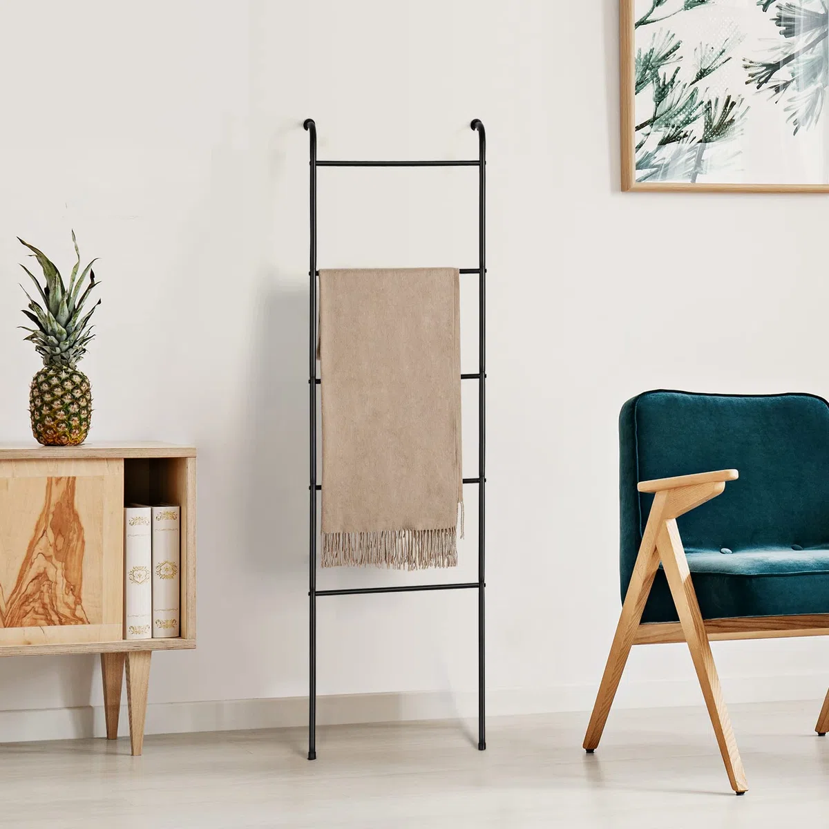 Scaletta per asciugamani per coperte, coperta da parete, porta asciugamani decorativo a 5 ripiani, per soggiorno, bagno, lavanderia, nero