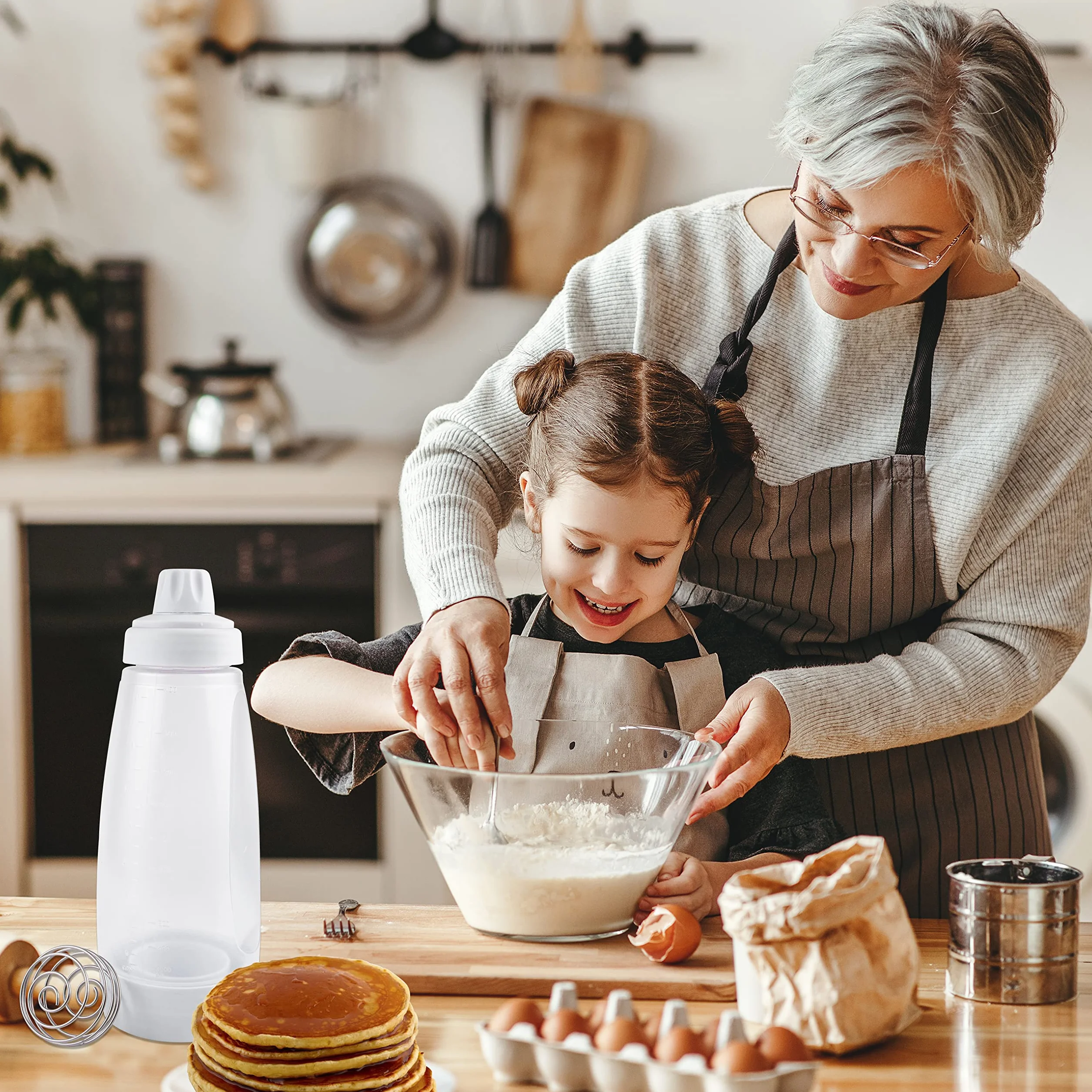 YiliYa Dosatore per Impasti, 1000ml Pancake Pancake Dispenser Dosatore con Sfera di Miscelazione Strumento per Pancake Waffle Crêpe Bottiglie di Salsa
