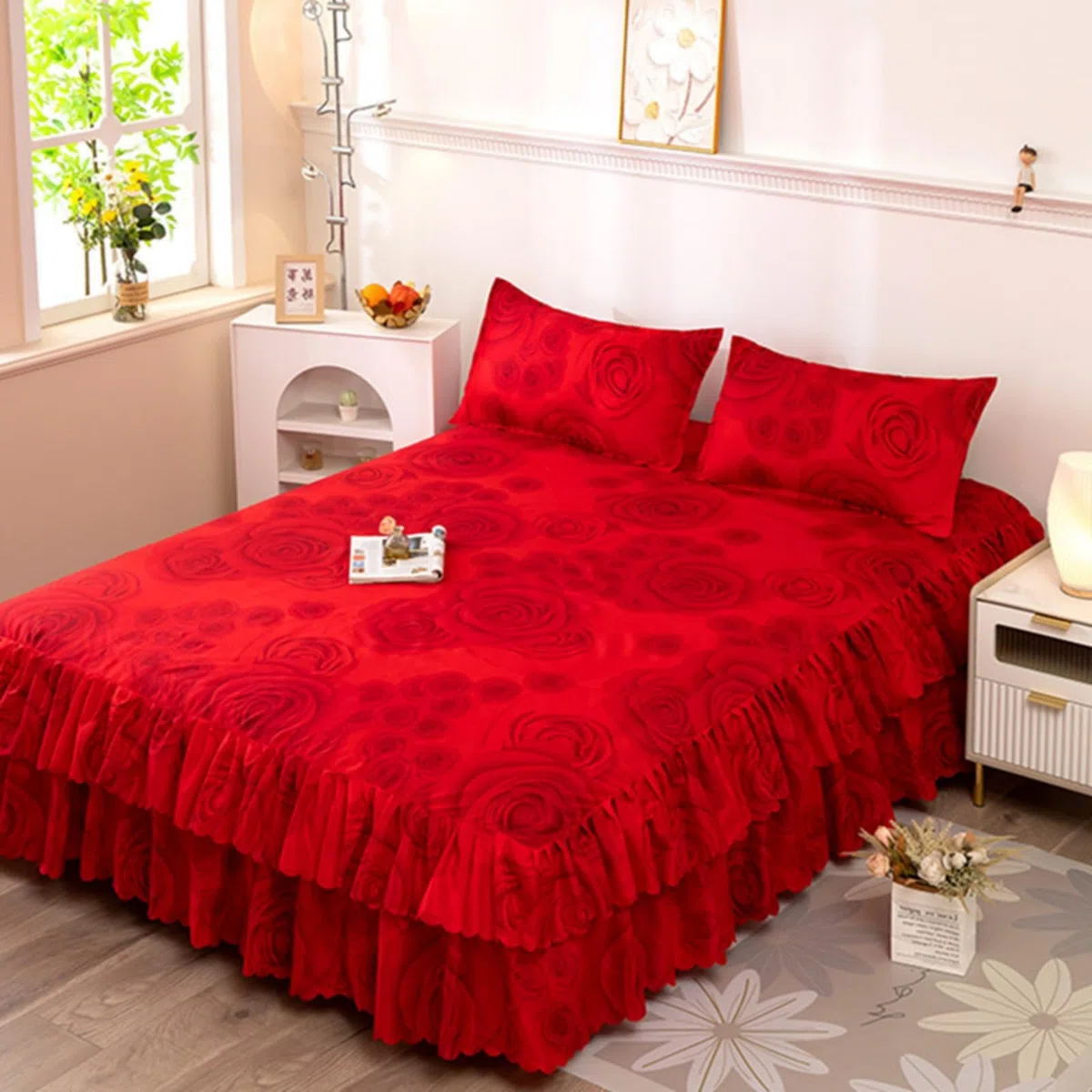 Morbuy Gonne da Letto Elasticizzato per Singolo Matrimoniale, Copri Bordo Letto con Balza Copriletto con Federe e Volant Mantovana Giroletto 3 Lati per 45 cm di Altezza (X03 Red Rose,180x200cm)