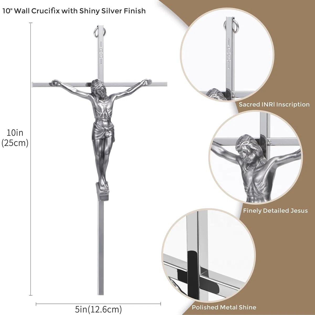 ACHIBANG Crocifisso da parete in argento da 25,4 cm, croce cattolica in metallo con Gesù e INRI per benedizione da parete o sopra la porta