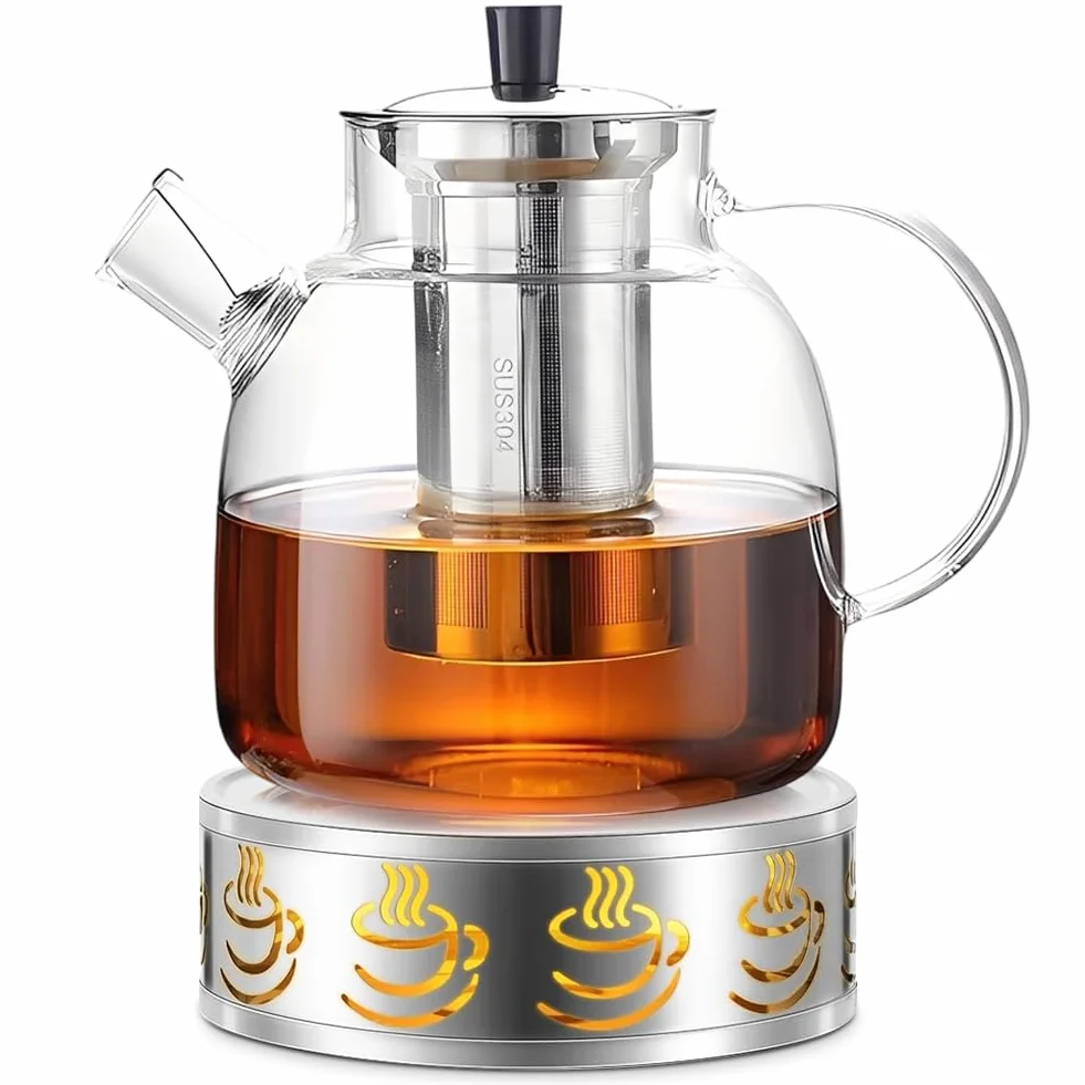 Teiera in vetro da 1,8 litri con fornello, teiera in vetro con colino, teiera con colino per tè sfuso, senza BPA, microonde e lavabile in lavastoviglie