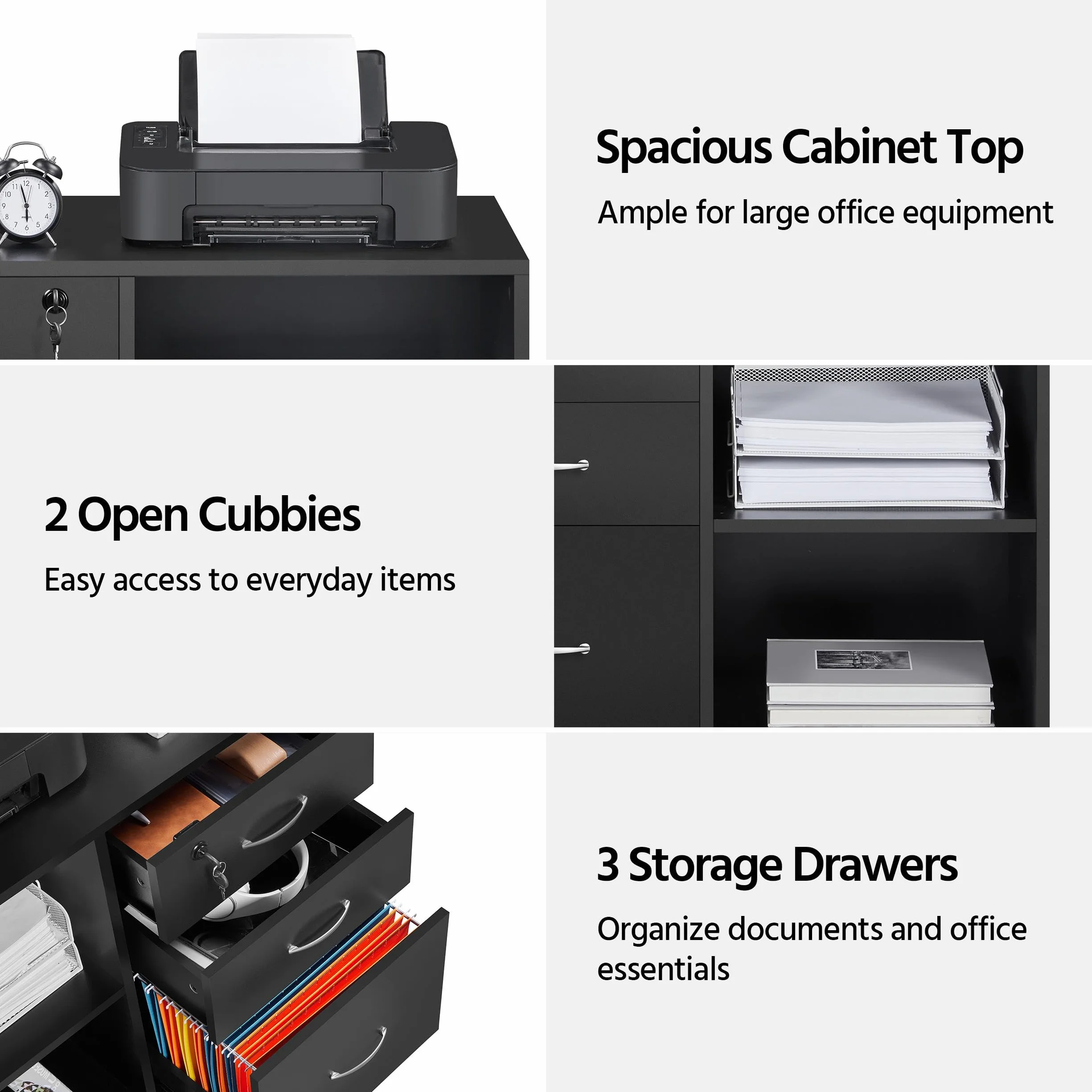 Yaheetech Armadietto Portadocumenti Schedario da Ufficio in Legno con 3 Cassetti Mobile Porta Stampante con Scomparti Mobiletto da Archivio con Ruote 80 x 40 x 65,5 cm Nero