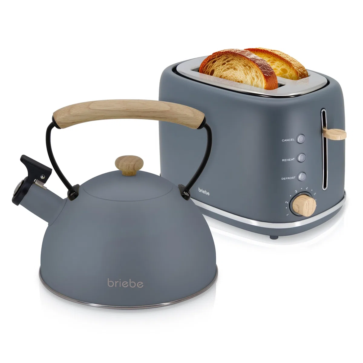 briebe Nordic Tostapane a Fessura Larga a 2 Fette, 6 Livelli di Tostatura, Pinze + Bollitore Induzione a Fischio 2,3 L, Acciaio Inossidabile, Senza BPA, Set Colazione Design Nordique Grigio