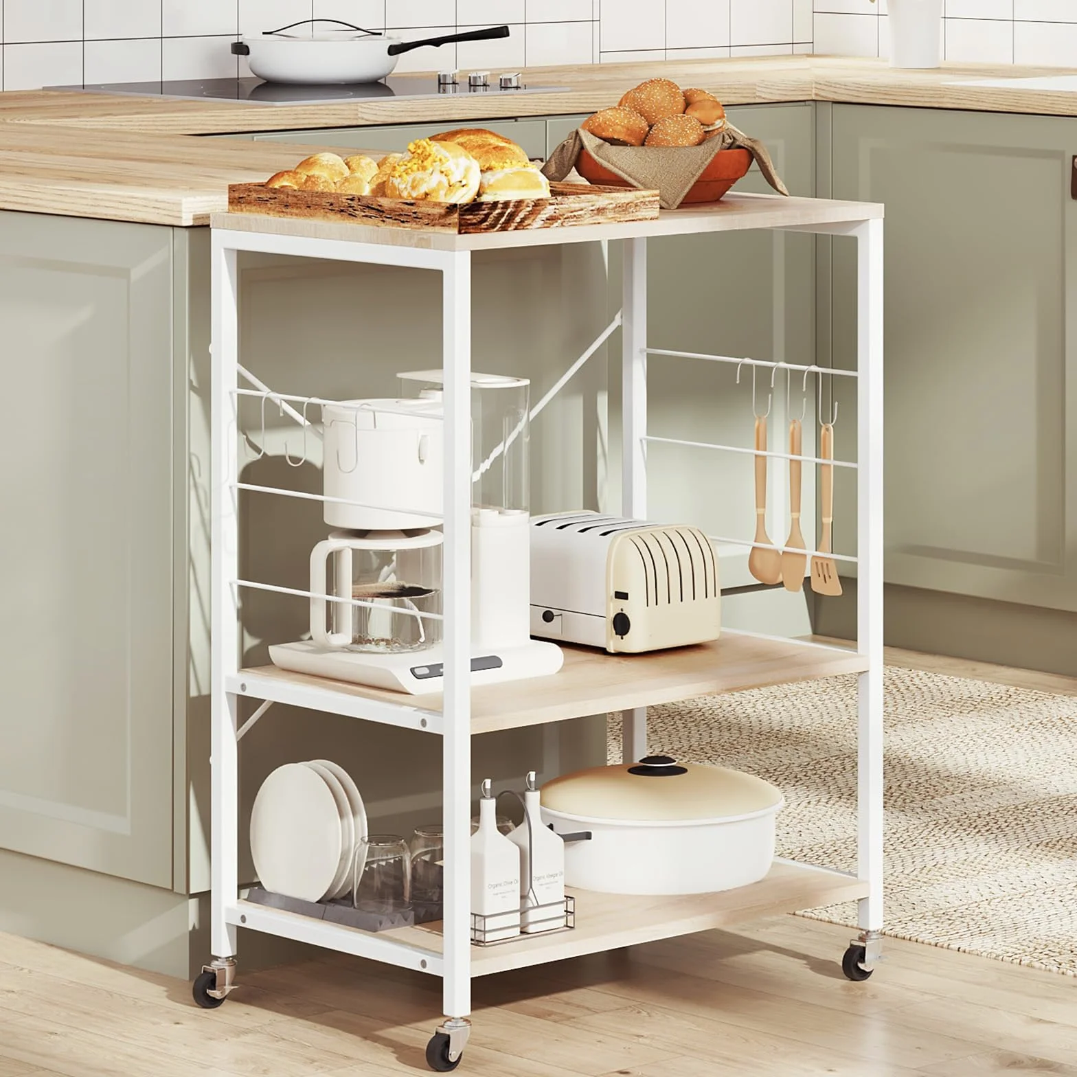 WOLTU Scaffale da Cucina con Ruote, Carrello Cucina a 3 Livelli, Scaffale per Microonde con 4 Ganci, Carrello da Bar con Struttura in Metallo, Bianco + Effetto Legno, 60x40x82,5 cm