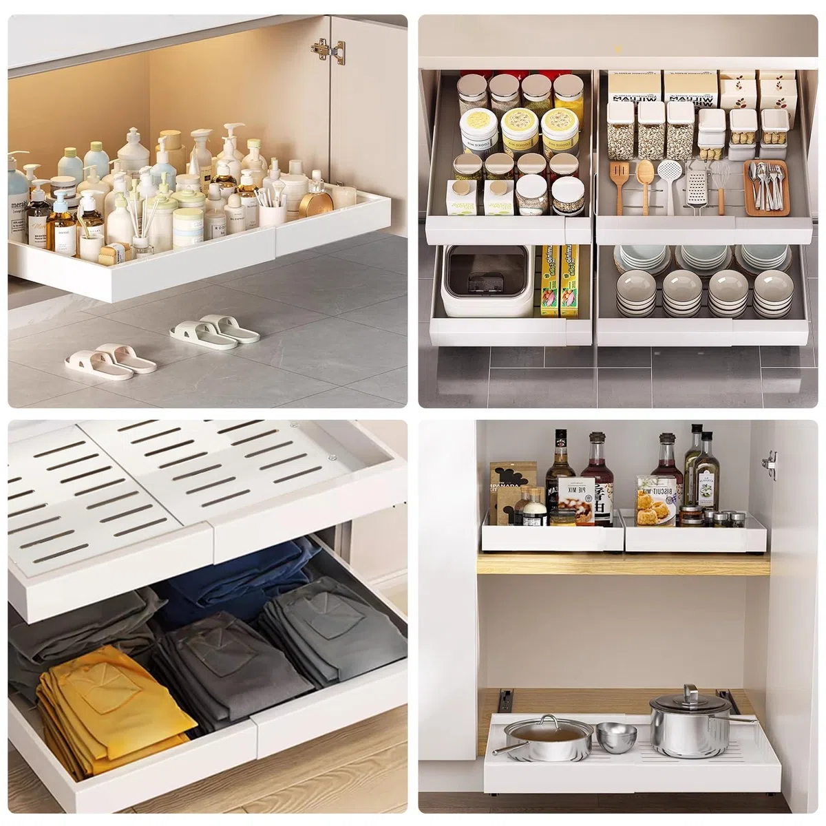 Cassetto Telescopico Portaoggetti da Cucina, Espandibile 32-52 cm, Estraibile, Slide Out Drawers, Non è Necessario Praticare Fori (Bianco)