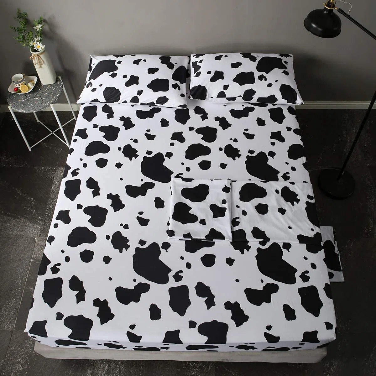 Set di lenzuola per letto singolo, 3 pezzi, nero, bianco, latte, mucca, animali + lenzuolo con angoli con tasca profonda + lenzuolo con angoli + 1 federa per cuscino a quadri per bambini e ragazze