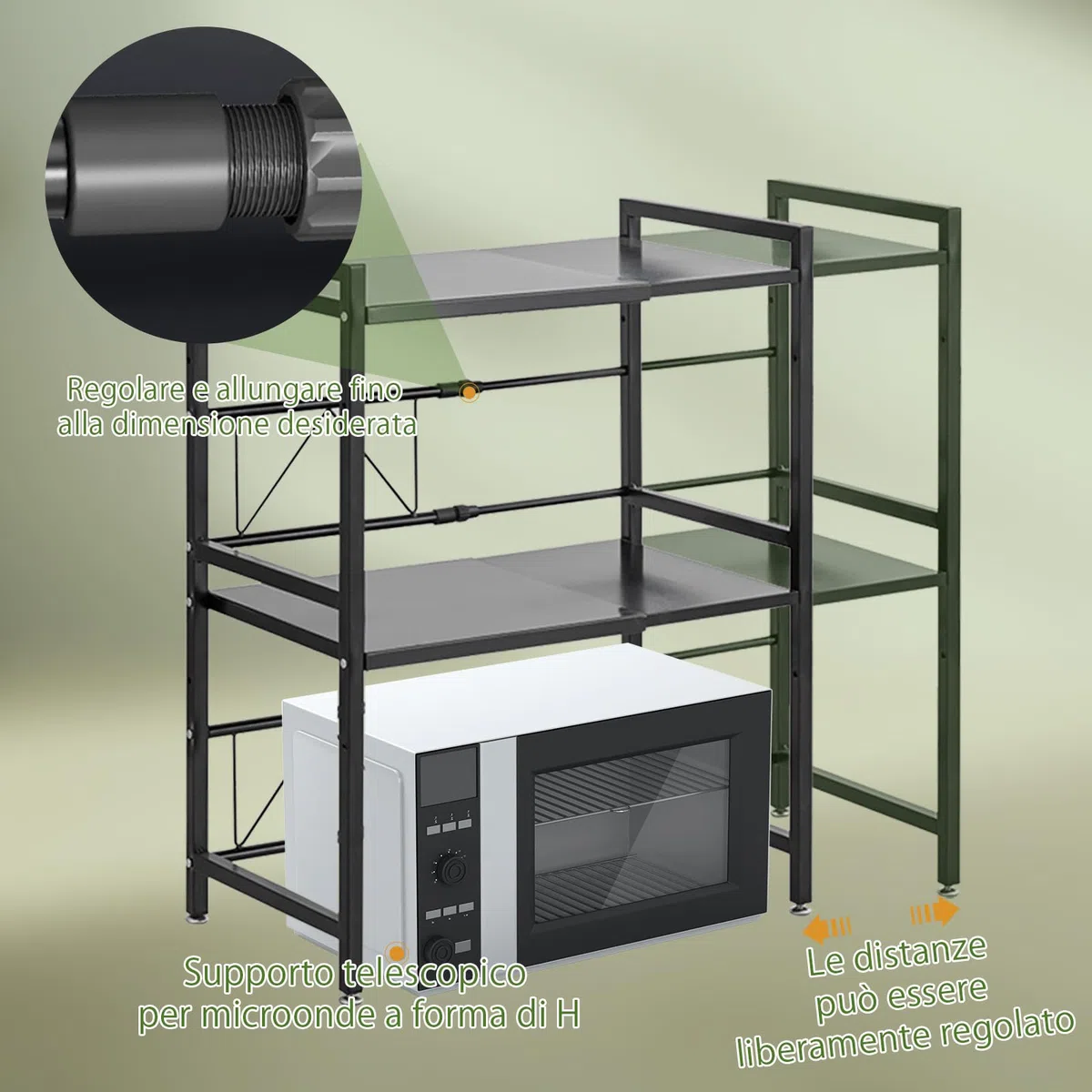 Scaffale a microonde a 2 livelli, larghezza regolabile, supporto per riporre il tostapane, scaffale cucina, allungabile da 40 a 63 cm, capacità di carico 75 kg (nero)