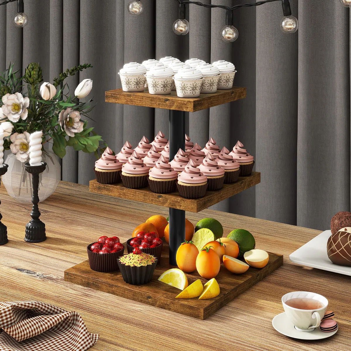 IBUYKE Supporto torre a 3 livelli per cupcake, espositore quadrato in legno resistente, per festeggiamenti marrone rustico TLJ014H