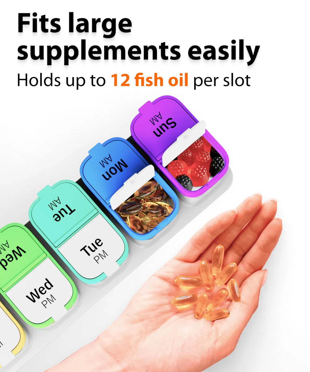 Portapillole settimanale XL con 7 scomparti staccabili AM PM - Dispenser portatile per medicinali per casa e viaggi, grande contenitore per integratori per uso settimanale o quotidiano, arcobaleno