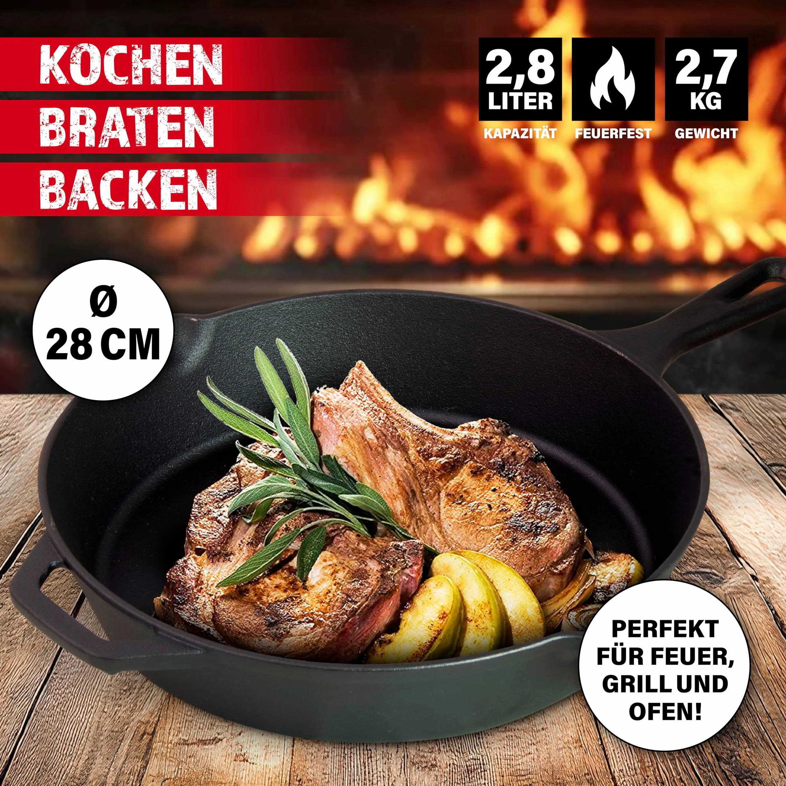 BBQBOSS Padella in ghisa 28 cm [2,8 litri] padella in ferro – cast iron pan – frying pan – induzione – padella in ghisa – per barbecue a gas – per barbecue a carbone
