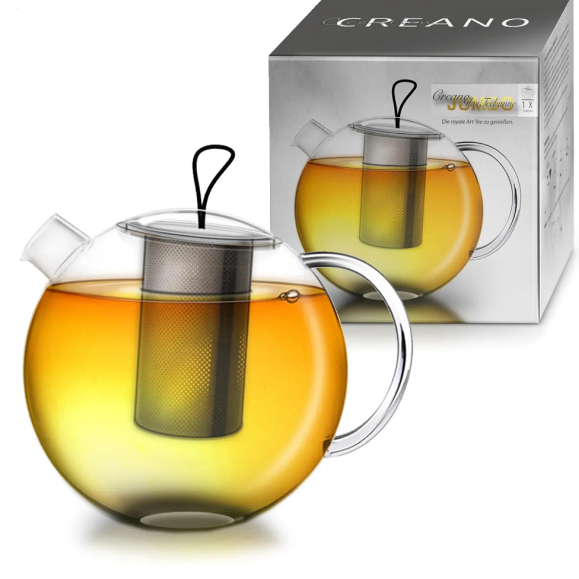 Creano Teiera in Vetro 1,0 Litro con Filtro Acciaio Inossidabile Integrato e Copercio Vetro - Antigoccia Elegante Teiera Trasparente per Tè Infusi Regalo Perfetto - 3 pezzi