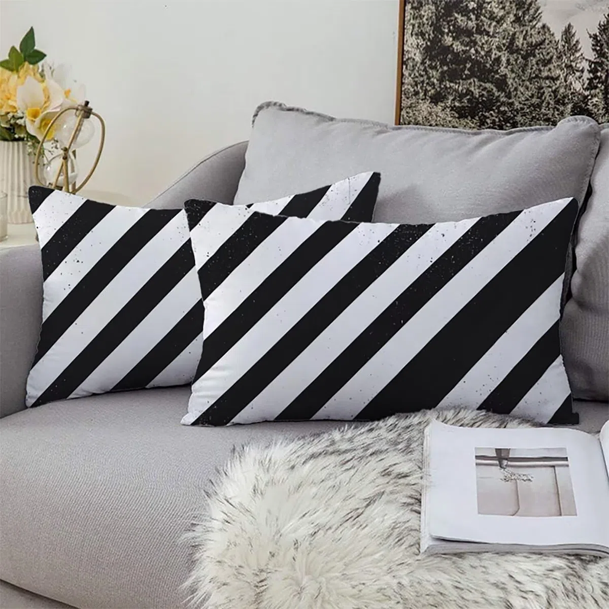 Xlccaioo Set di 2 In Bianco E Nero Federe Cuscini Divano 60x40cm Fodere per Cuscini Decorativi in Velluto, Fodera per Cuscino, Copricuscini Divano con Cerniera Invisibile, per Camera da Letto XC-8174