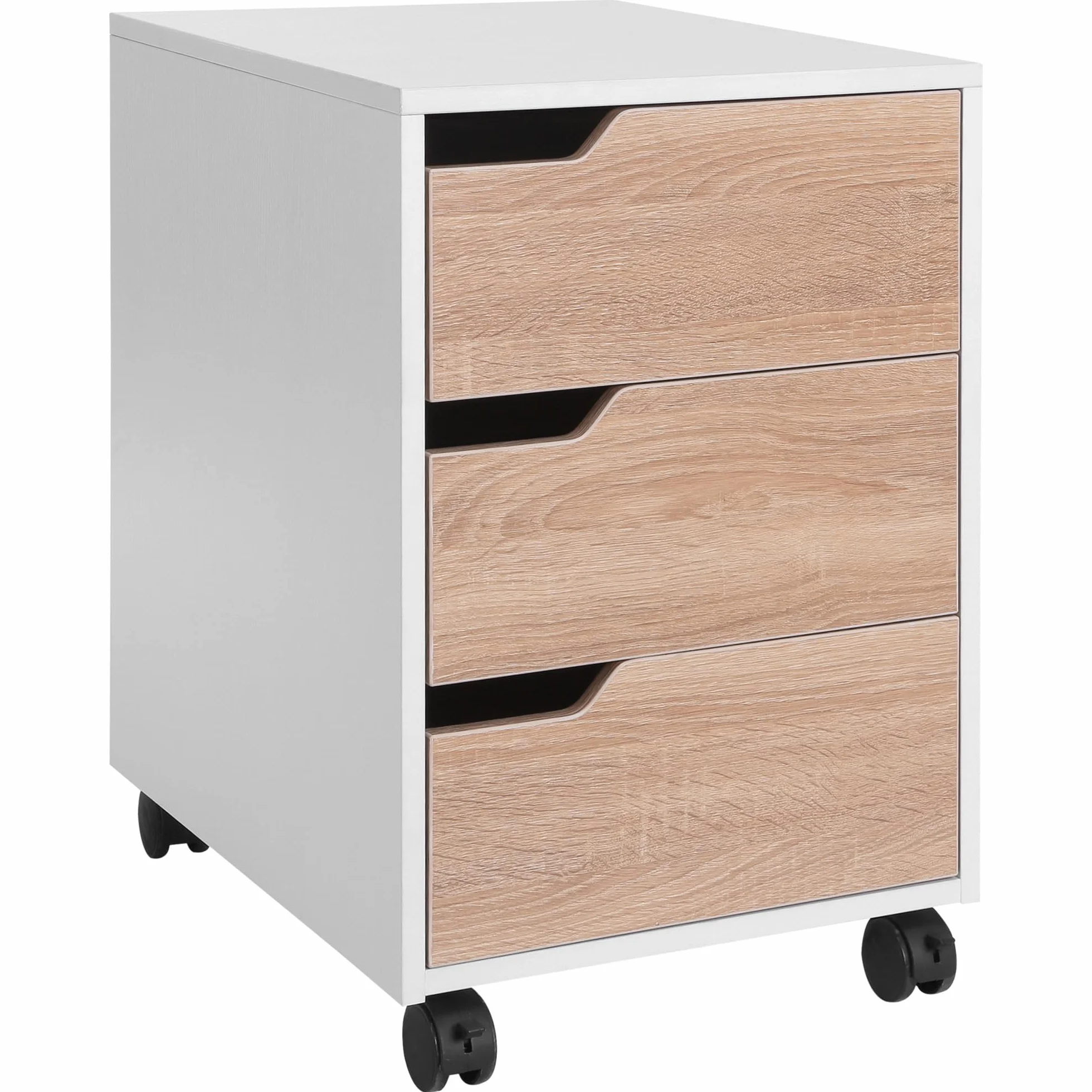 HOMCOM Cassettiera da Ufficio Portadocumenti a 3 Cassetti con Maniglie a Scomparsa, Armadietto da Ufficio a 4 Ruote in Legno e Metallo, 40x50x57.5 cm, Legno e Bianco