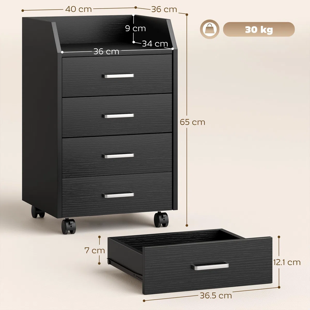 Vinsetto Schedario da Ufficio con 4 Cassetti, Ruote a Freno, Cassettiera Scrivania per Lettera Documenti, Ripiano, Cassettiera Ufficio per Studio Sotto Scrivania, 40x36x65 cm, Effetto Legno Nero