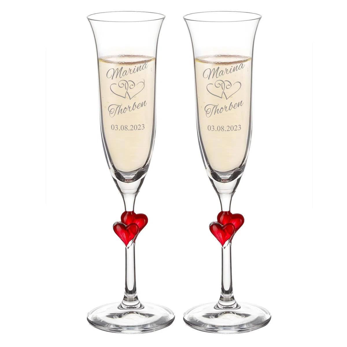 AMAVEL - Set 2 Flûte con Cuori Rossi sullo Stelo e Incisione - Motivo Cuori - Personalizzati con [NOMI] e [DATA] - Calici da Prosecco - Regalo di Nozze - Regalo di Anniversario - San Valentino