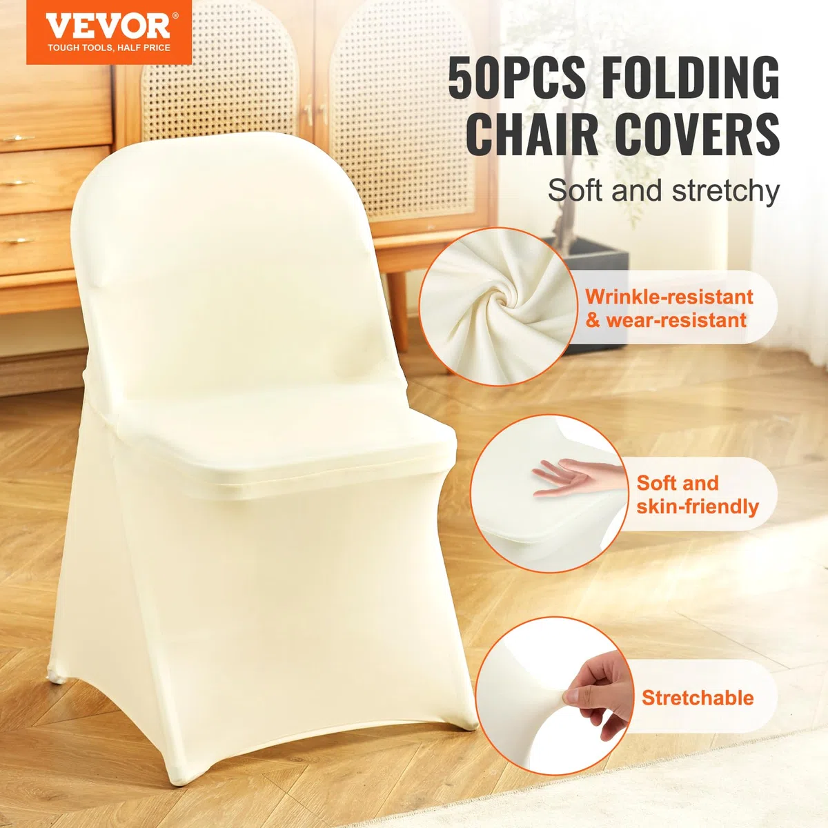 VEVOR Coprisedie Pieghevoli in Spandex Elasticizzato, Coprisedie Universali, Fodere Protettive Lavabili Rimovibili, per Matrimoni, Vacanze, Banchetti, Feste, Feste, Sala da Pranzo (50 Pezzi Bianco Avo
