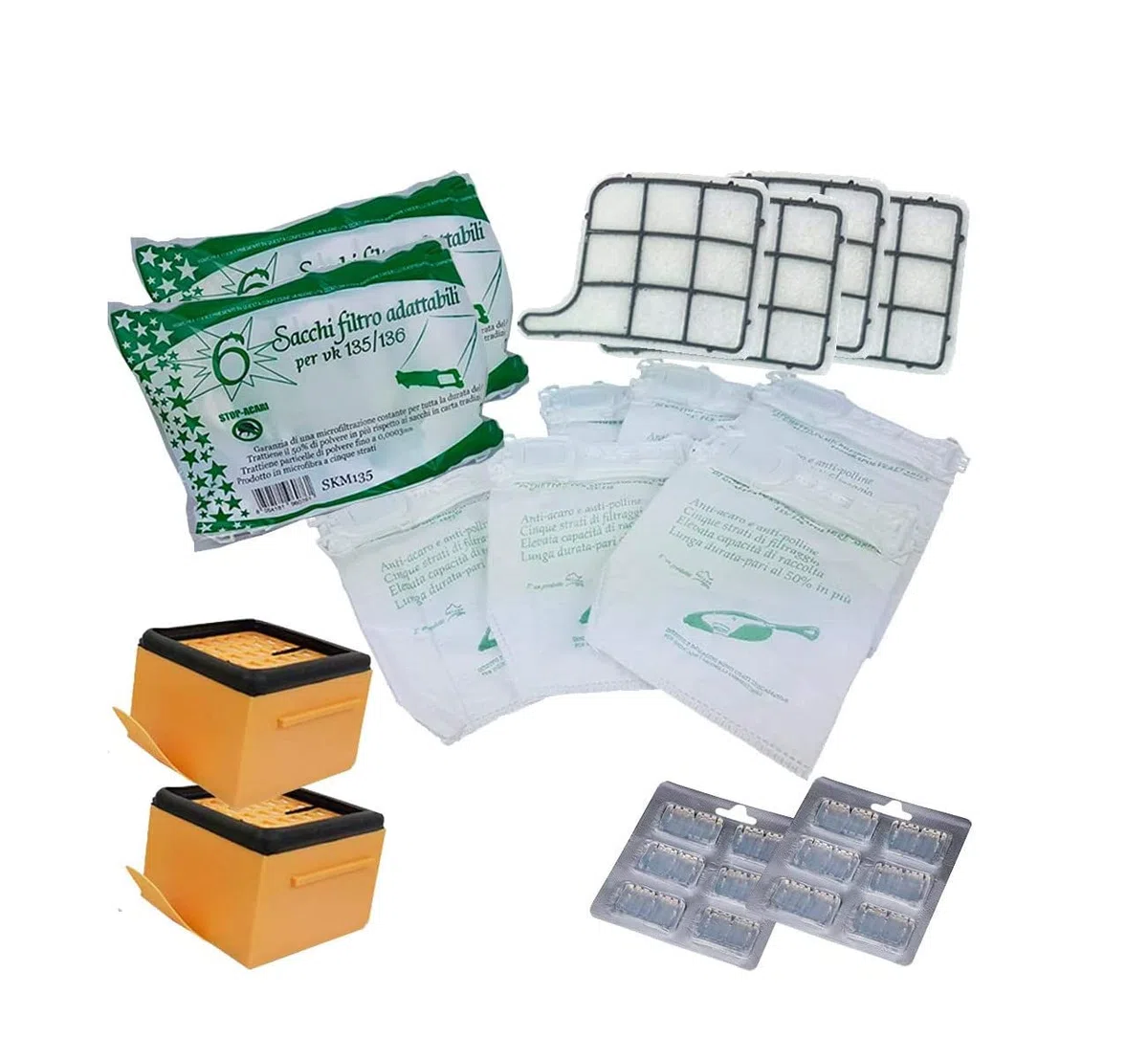 kit 30 pezzi kit per vorwerk folletto vk 135 vk136 12 sacchetti 12 profumini 4 filtri griglia 2 filtri hepa