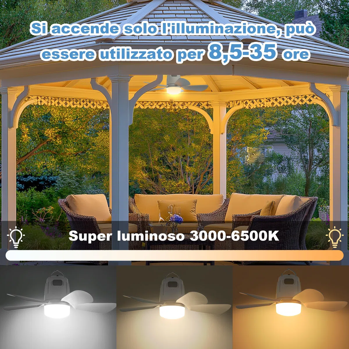 Gliztech 50CM Ventilatore da Soffitto Esterno, 20000mAh Lampadario con Pale con Batteria, Ventilatore Campeggio Rimovibile con Gancio e Telecomando per Gazebo, Terrazza, Tenda