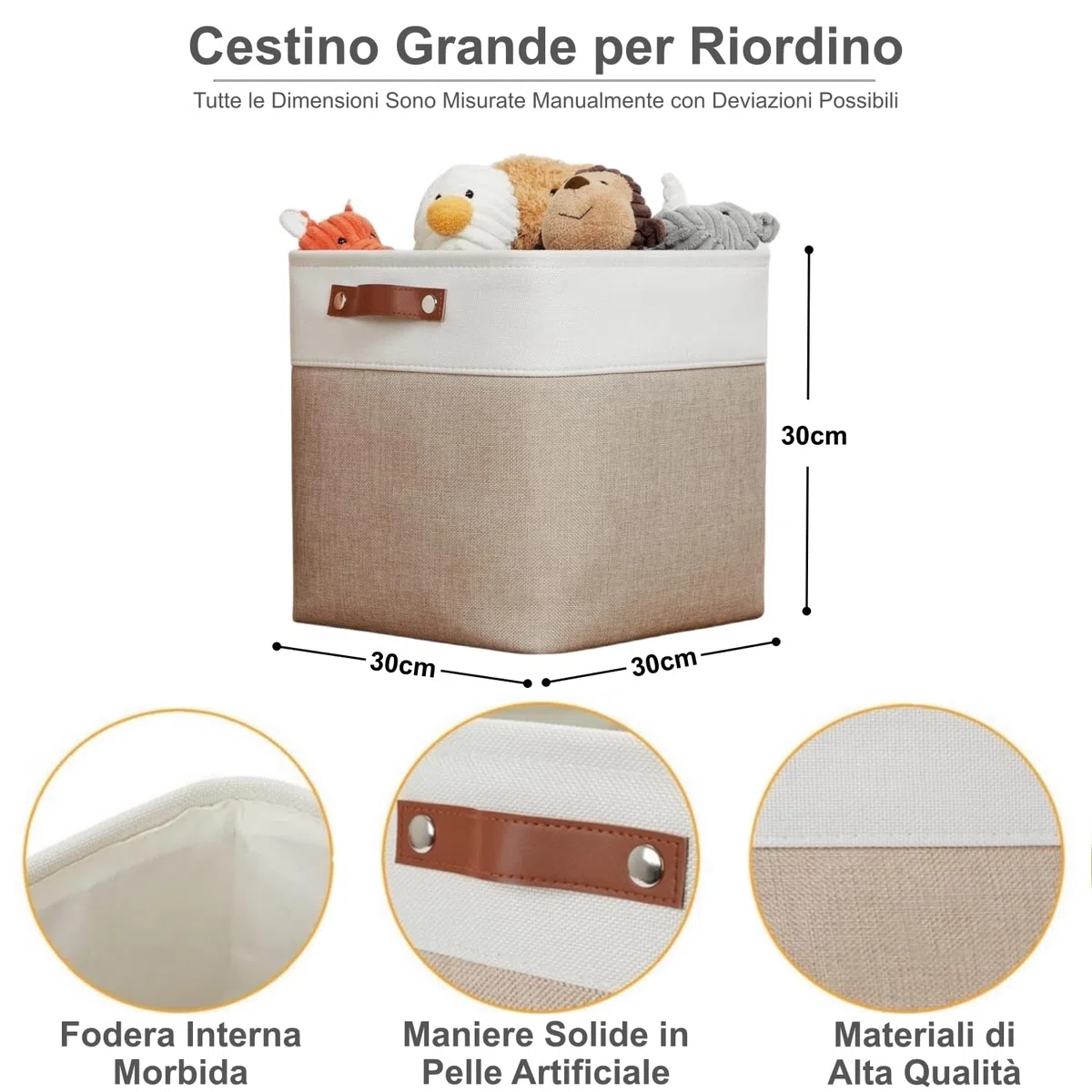 Scatola Portaoggetti in Tessuto, Set da 3 Cubi, 30x30x30cm, con Manico in Finta Pelle per Scaffali, Armadi, Cachi e Bianco