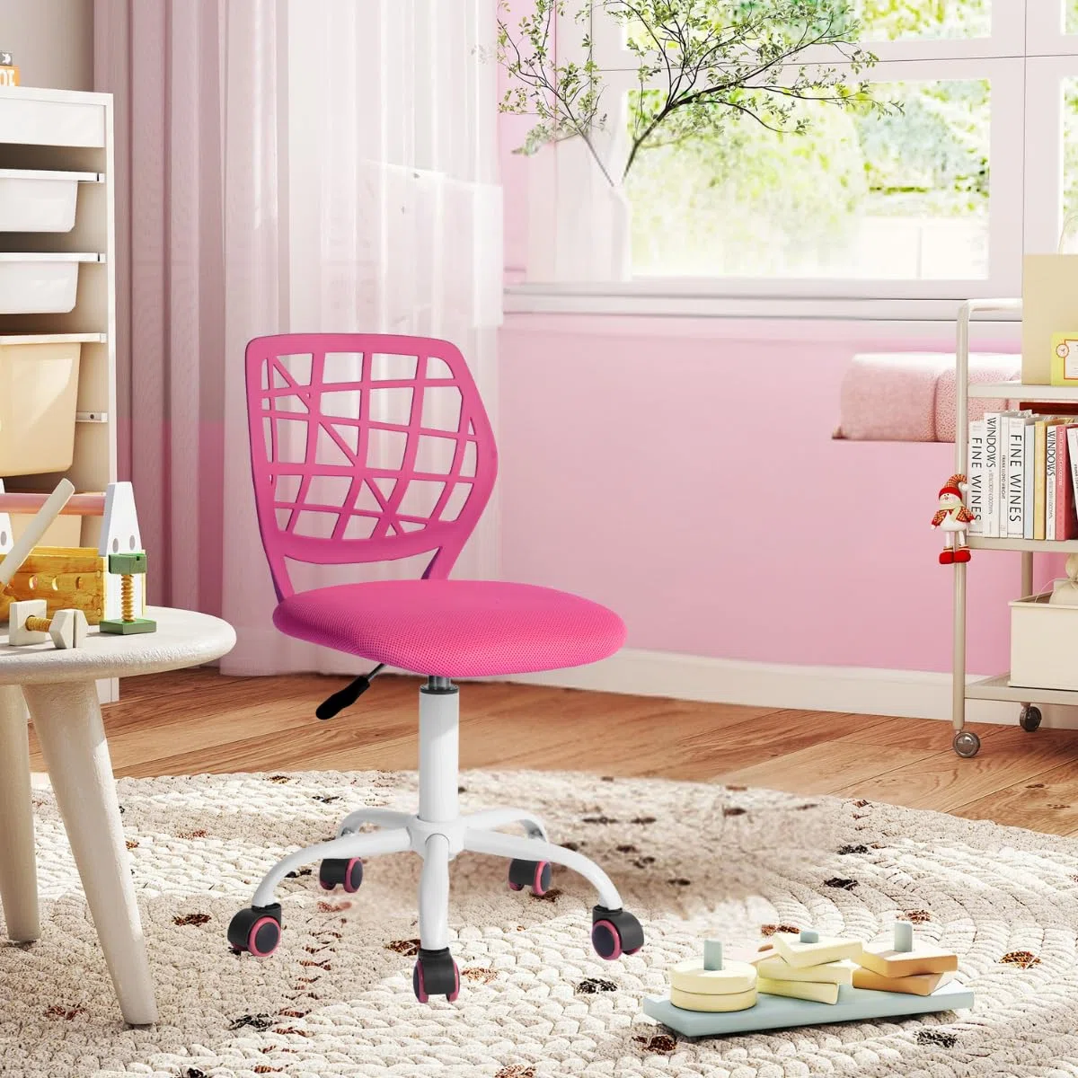 FurnitureR Sedia da scrivania per bambini, regolabile in altezza, girevole, con schienale con piccolo foro, adatta per camera dei bambini o sala studio, rosa I