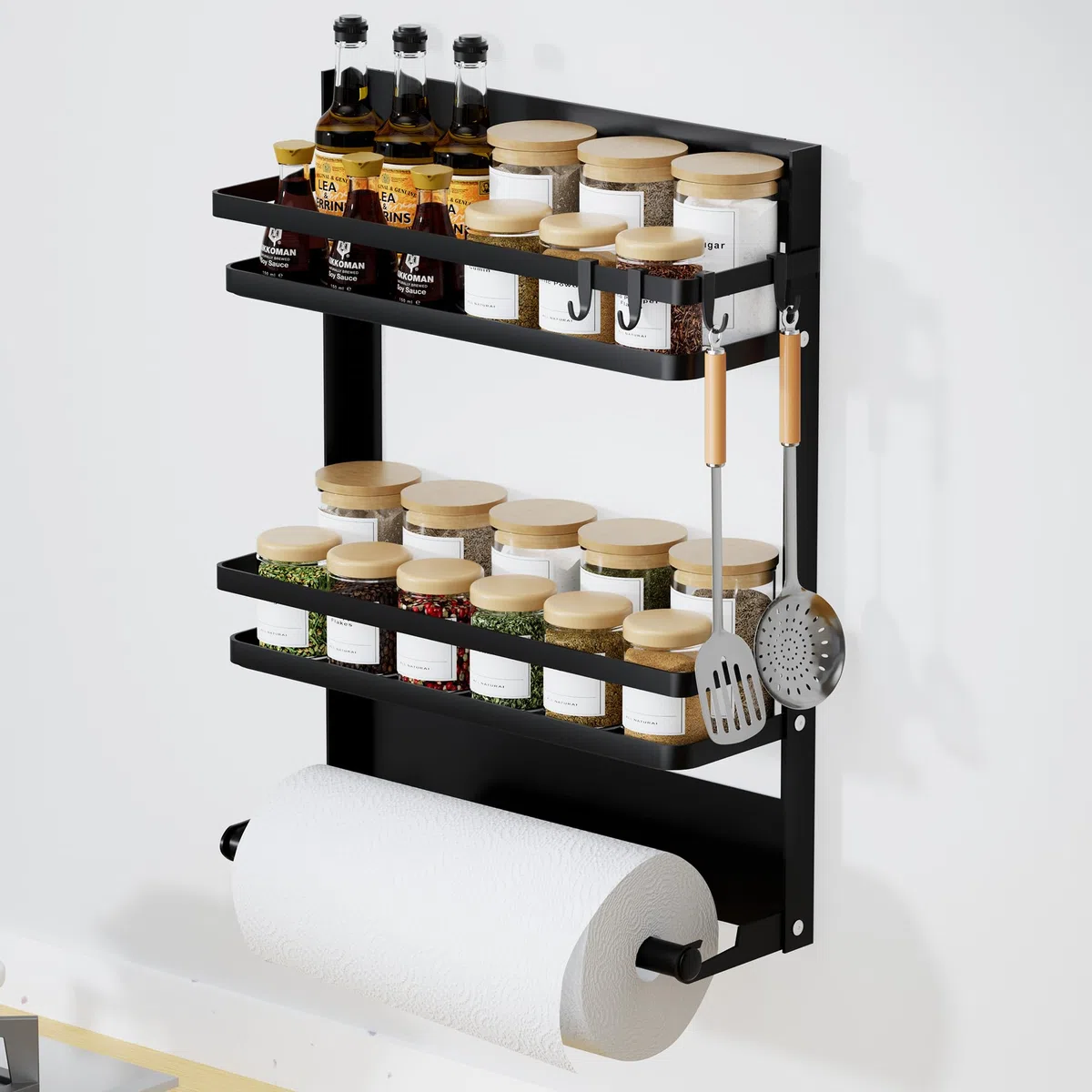 Porta Spezie per Cucina con Porta Rotolo da Cucina e 4 Ganci –Portaspezie da Parete Senza Forature per Organizzare e Risparmiare Spazio in Cucina
