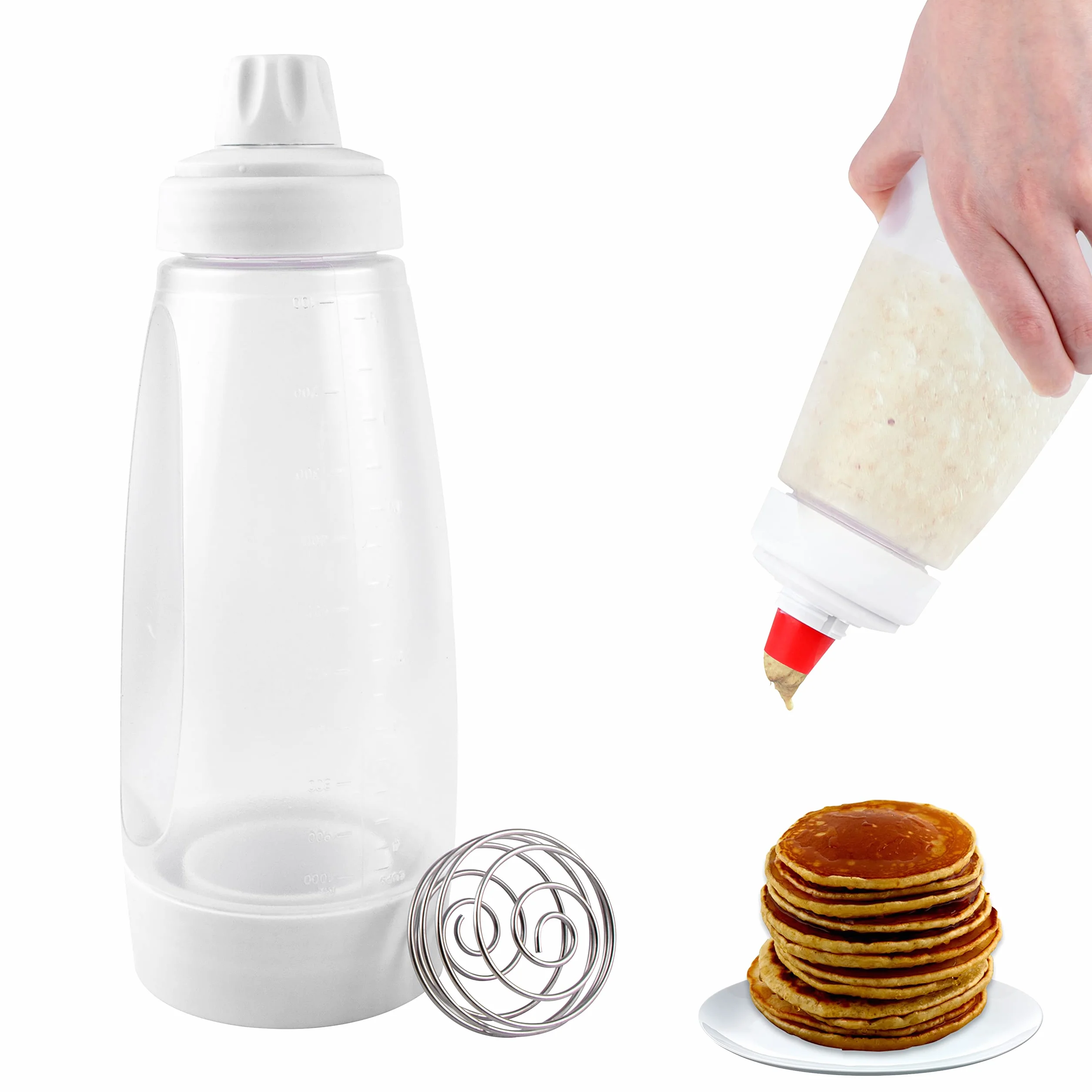 YiliYa Dosatore per Impasti, 1000ml Pancake Pancake Dispenser Dosatore con Sfera di Miscelazione Strumento per Pancake Waffle Crêpe Bottiglie di Salsa