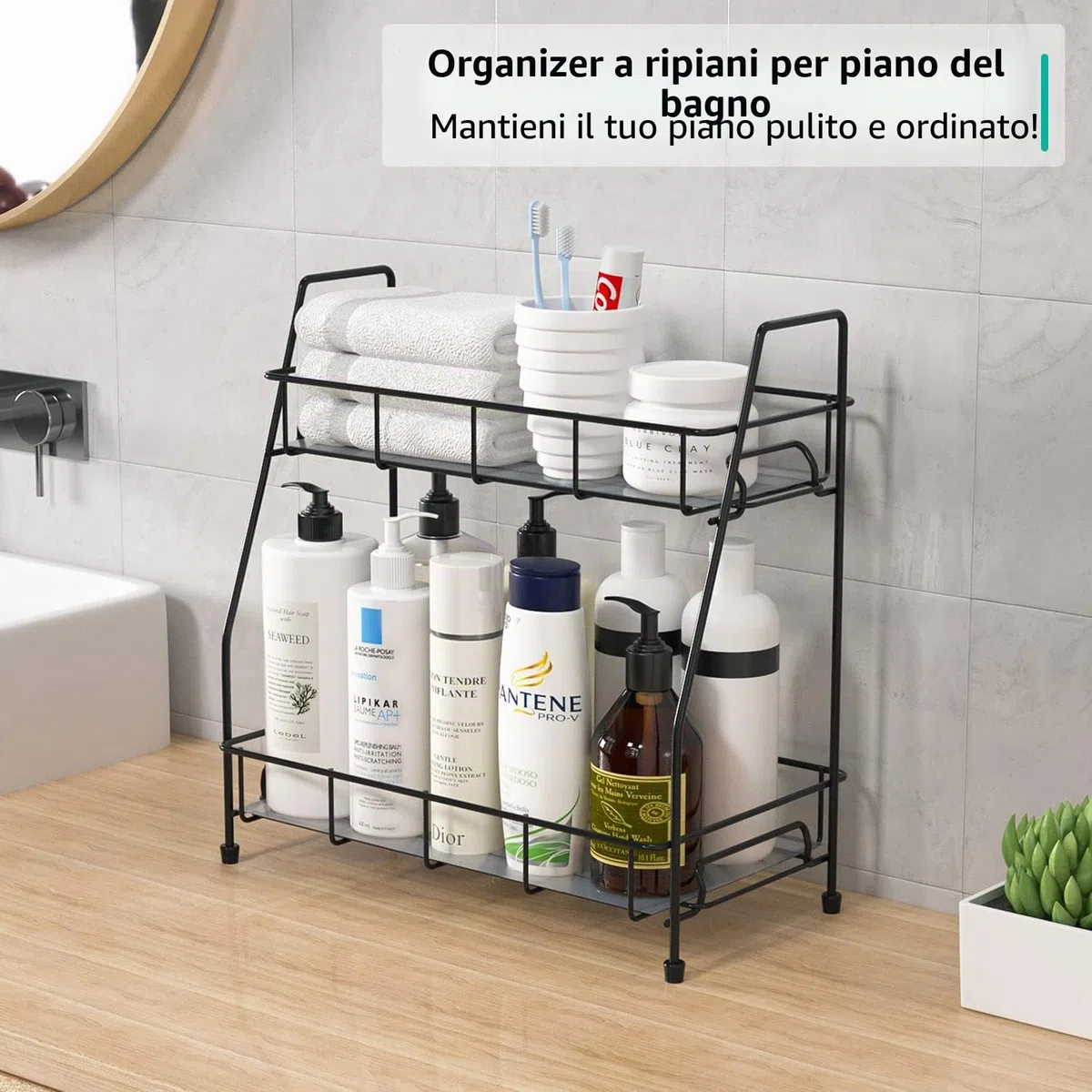 Supporto Porta Spezie Organizer per Cucina da Appoggio,Mensola Portaspezie Ripiani Organizzatore per Cucina Armadietto Bagno 2 Livelli,Nero