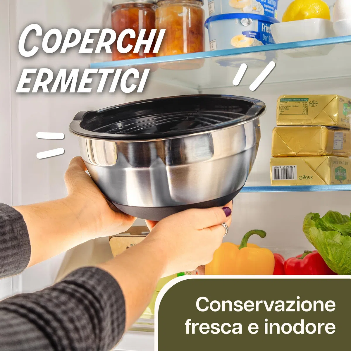 Praknu 3 Ciotole in Acciaio Inox da Cucina con Coperchio - Antiscivolo - Ermetiche - Graduate - Impilabili - Ideali per Impastare e Frullare