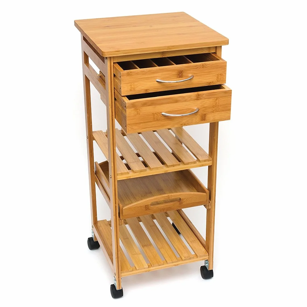 BAKAJI Carrello Cucina in Legno di bambù con Ripiano Top Solido Tagliere utile per appoggio Macchina da caffè, Tavolino Cucina da Servizio in Bamboo 4 Ruote girevoli,Vassoio Estraibile, 3 Ripiani