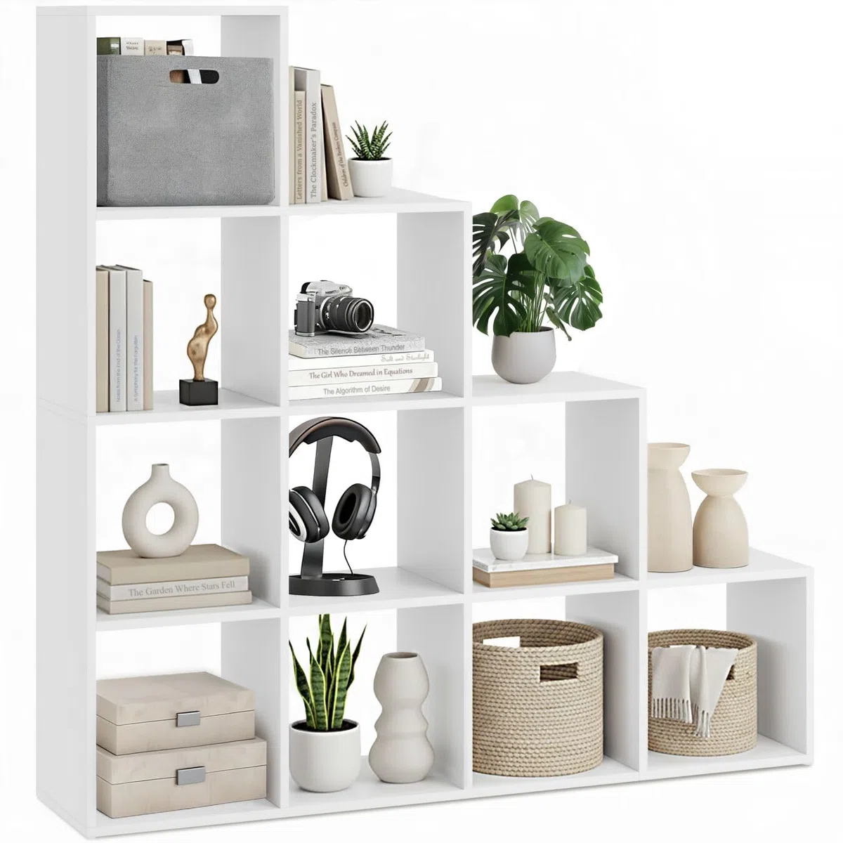 tectake® Libreria Moderna con 10 Scomparti, 130x130x29 cm, Design a Cubo, Protezione Ribaltamento, Libreria Scaffale, 10 Scaffali, Antiscivolo, Soggiorno, Ufficio, Cameretta - Bianco