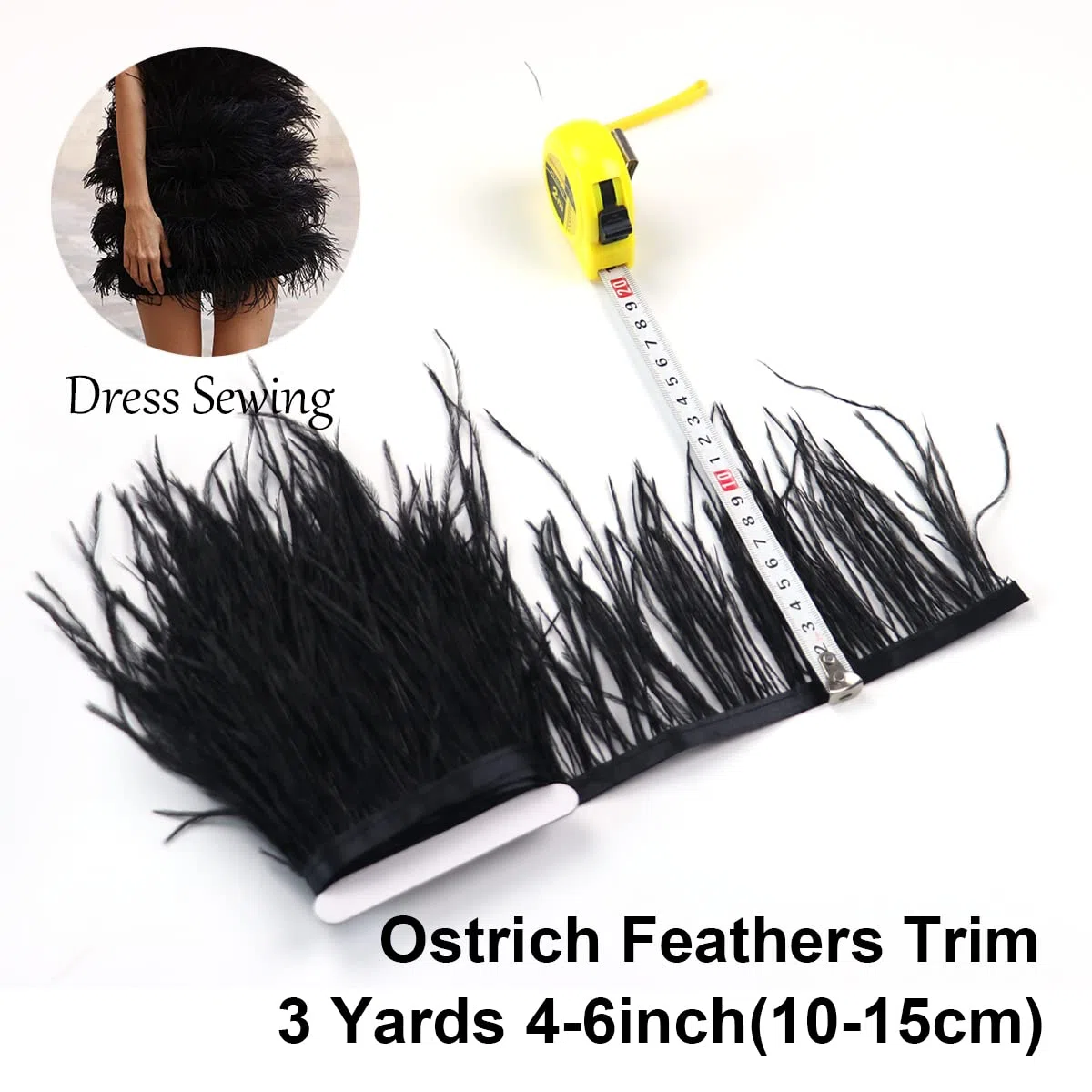 2.75 m 10-15 cm Nero piume di struzzo tinte frangia per fai da te, cucito, artigianato, costumi, decorazione