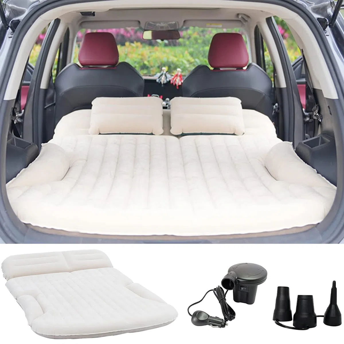KMZ SUV - Materasso per auto ispessito e floccato su entrambi i lati, per campeggio, con 2 cuscini per sedile posteriore e bagagliaio (beige e caffè)