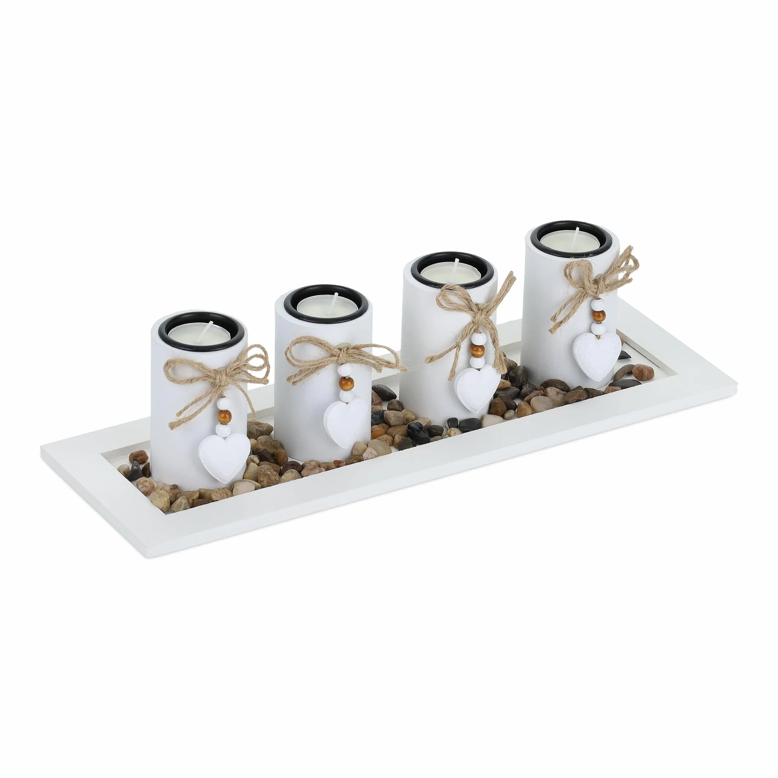 Relaxdays Portacandele Decorativo con Vassoio e Pietre, Lungo 39,5 cm, Decorazione per Tavolino e Soggiorno, Bianco