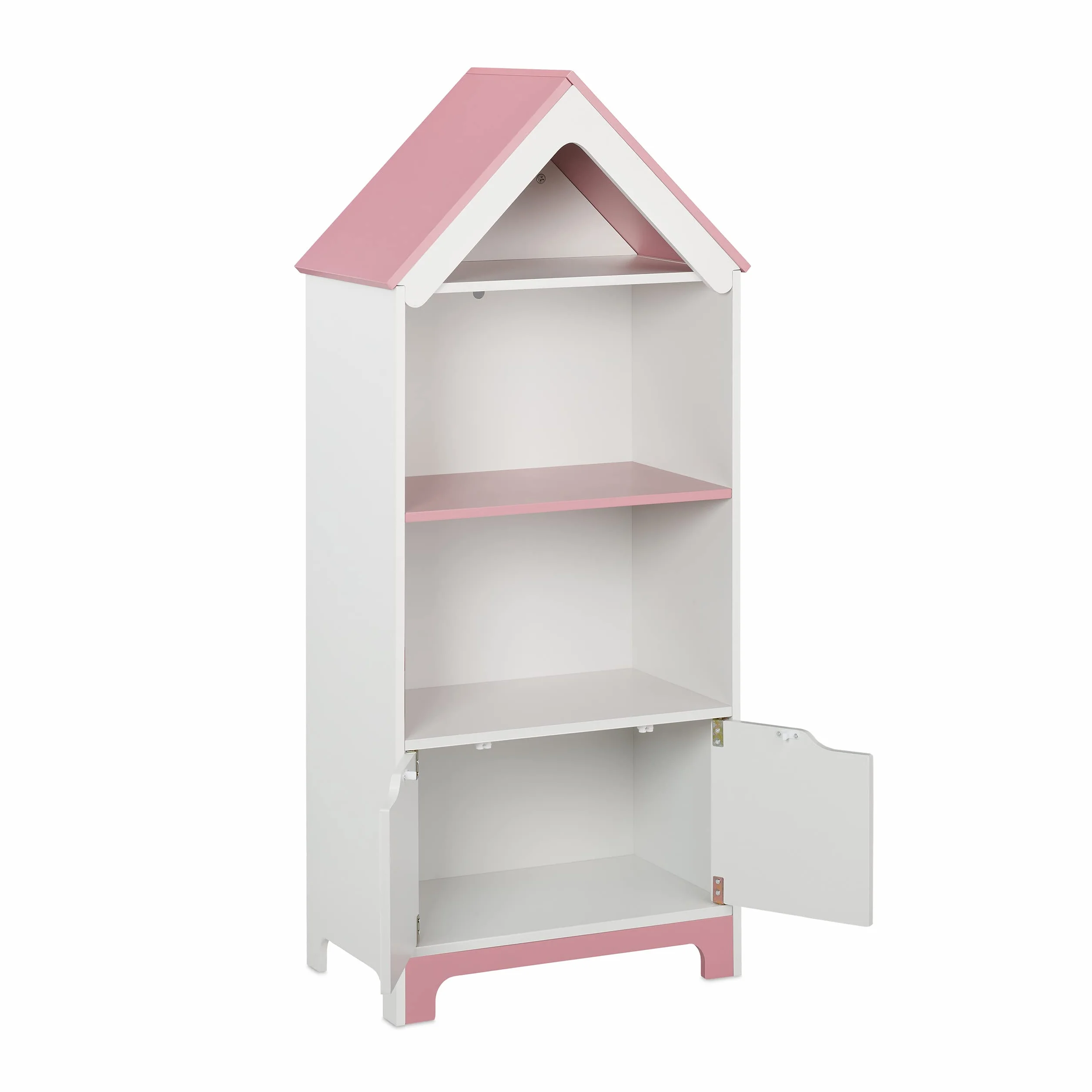 Relaxdays Scaffale Portagiochi, Motivo Super Woman, Cameretta Bambini, con 4 Scomparti e Ante, 93x63x28 cm, Bianco Rosa