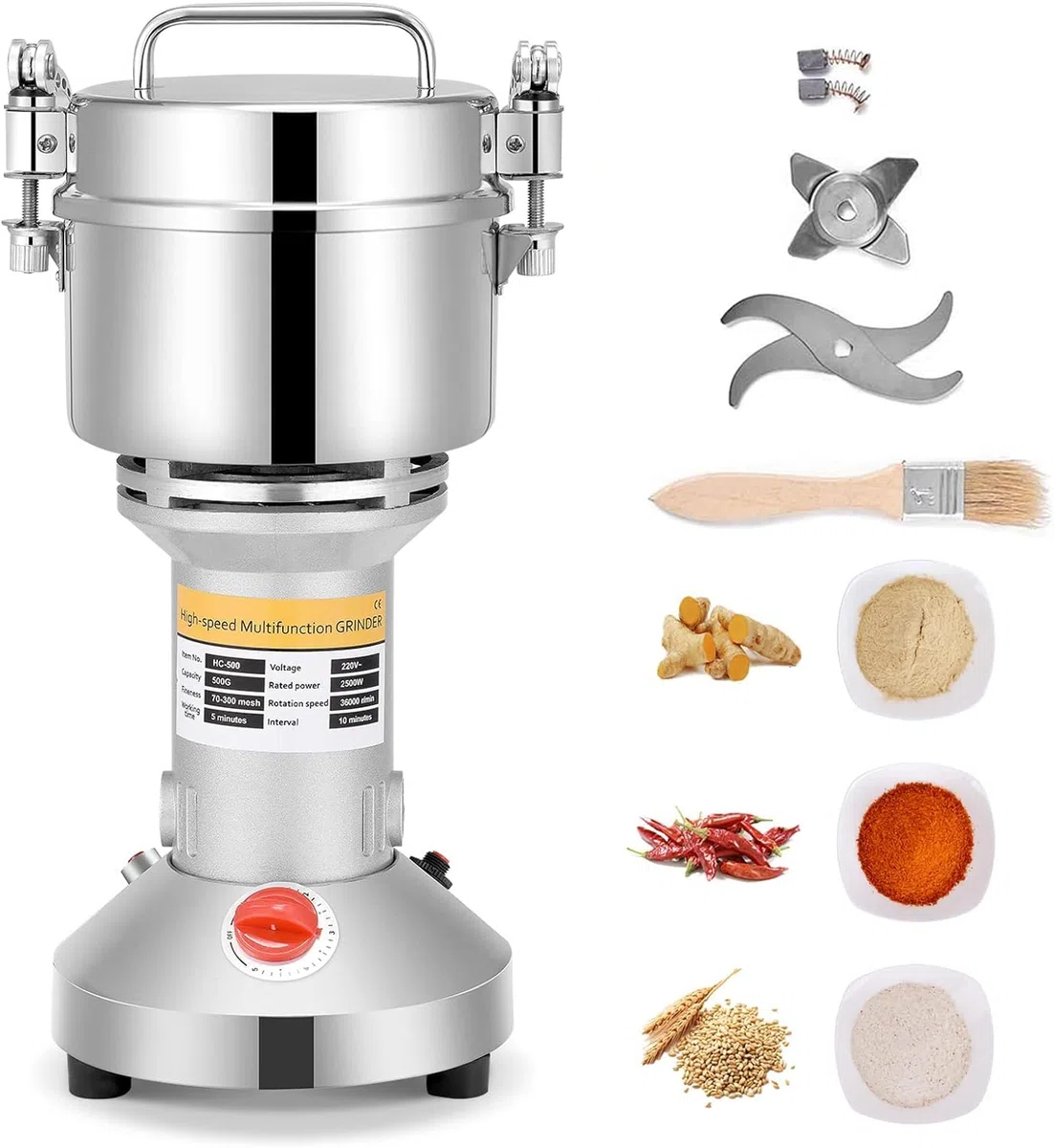 Mulino per Cereali 500g, Trita Pietre ad Alta Velocità 220V, Portable Grinder Elettrico per Farina di Erbe con 3 Lame, per Erbe/Spezie/Noci/Cereali Casa con Protezione da Sovraccarico