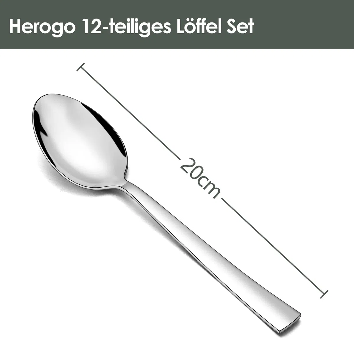 Herogo 12 cucchiai da minestra in acciaio inox, 20 cm, cucchiai da minestra per casa, ristorante, hotel, manico quadrato, finitura a specchio e lavabile in lavastoviglie, metallo argento