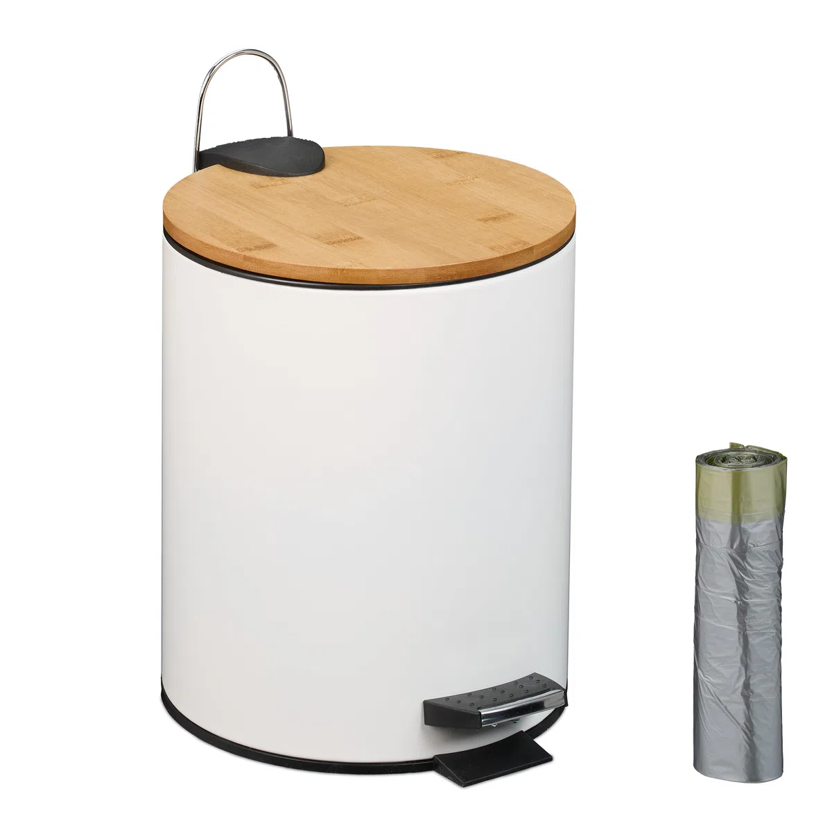 Relaxdays Pattumiera Bagno a Pedale 5 L, Cestino Interno Estraibile, Silenzioso, con Sacchetti, Ferro e bambù, Bianco