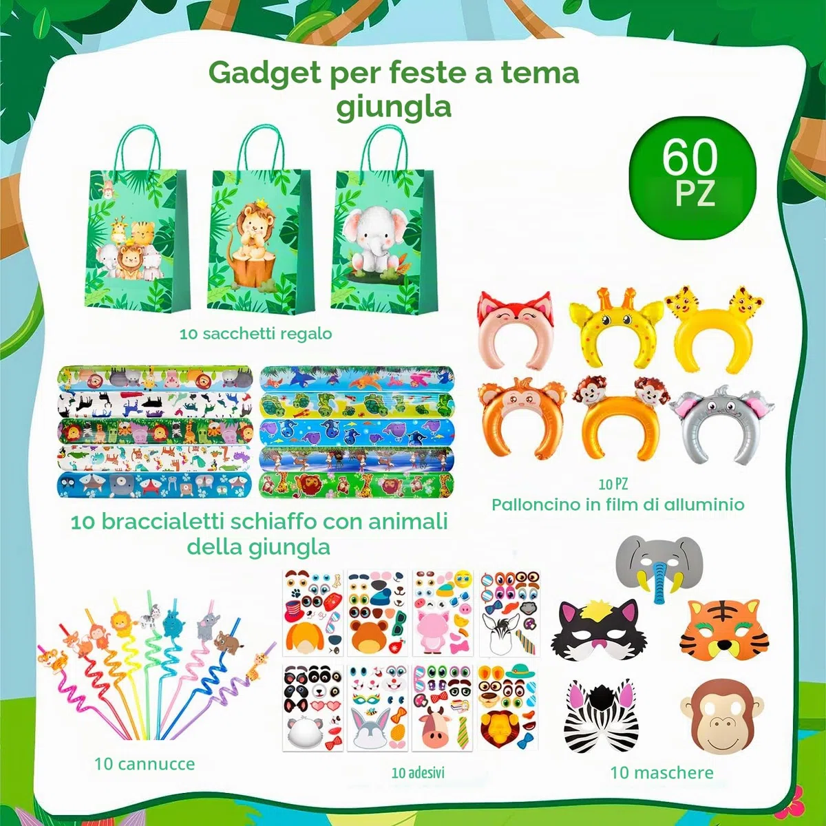 Regali di Animali della Giungla, 60 Pcs Set Bomboniere Safari - Sacchetti Animali Slap Bracelets Maschere Fasce per Capelli Gonfiabili Cannucce a Spirale Giungla Party Regalo per Bambino