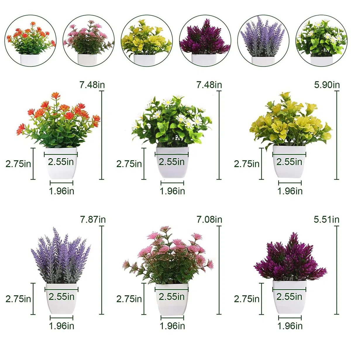 Confezione da 6 piante artificiali in vaso, piccole piante finte da interni, con vaso di plastica, per casa, ufficio, scrivania, tavolo, decorazione (fiore)